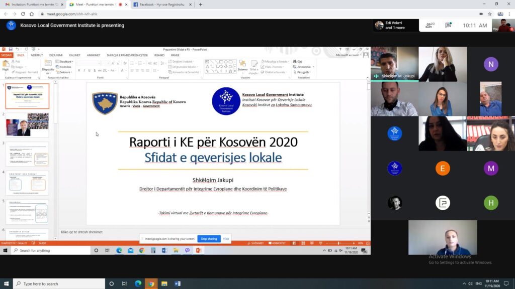 Instituti Kosovar për Qeverisje Lokale (KLGI) organizoi punëtorinë virtuale me temën “Qeverisja Lokale në Raportin e Progresit”. Pjesëmarrës në këtë sesion trajnues ishin përfaqësues nga Zyrat komunale për Integrime Evropiane dhe koordinatorë të performancës.